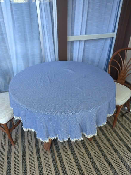 Photo of free 72" round table cloth blue/white (Terra Linda) #1