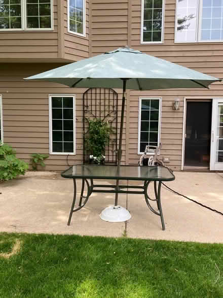 Photo of free Patio Glass Table, Umbrella (Carpentersville, west of river) #1