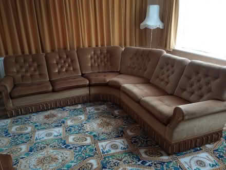 Photo of free 6 person L shaped sofa and chair in gold (Thorpe Bay SS1) #1