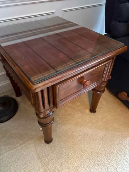 Photo of free Solid oak end table with glass top (Lawrenceville, NJ) #1