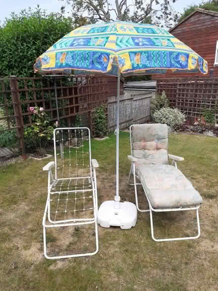 Photo of free 2 old sun loungers and umbrella with base (Croham CR2) #1