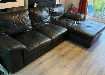 Photo of free Black leather corner sofa (LE3 Braunstone Leicester) #1