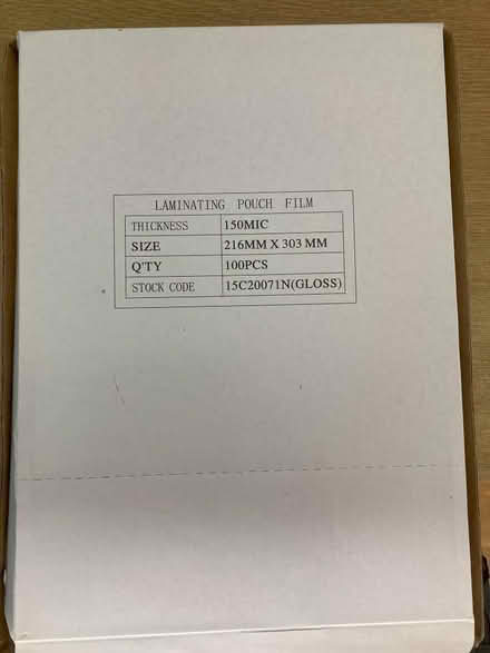Photo of free Box of 100 Laminating Pouches (Penwortham PR1) #1