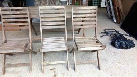 Photo of free Wooden garden table and 3 chairs (SG2) #3