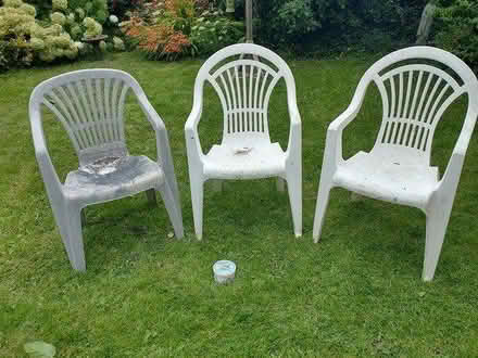 Photo of free Garden chairs - 3 white plastic (OX11 Didcot) #1