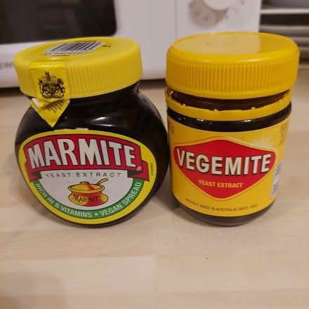 Photo of Vegemite and Marmite jars with labels. (Hertford Heath SG13) #1