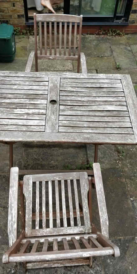 Photo of free Wooden garden table and 2 chairs (Crouch End N8) #2