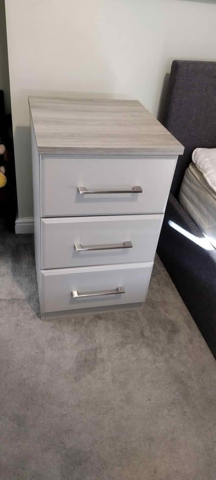Photo of free Grey 3 drawer narrow chest / bedside cabinet (Gwernymynydd CH7) #4