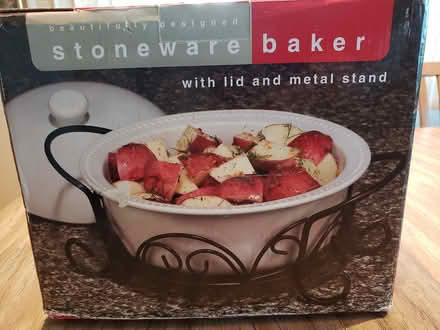 Photo of free Stoneware baking dish/metal stand (Farm Hill -- RWC) #1