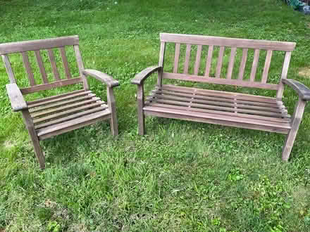 Photo of free Outdoor wood loveseat and chair set (Danbury) #2