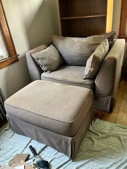 Photo of free Gray Chair and a Half w/ Hassock (South End) #1