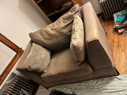Photo of free Gray Chair and a Half w/ Hassock (South End) #2