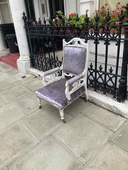 Photo of free Purple and white wooden padded chair 48 Charleville Road (Barons Court W14) #1