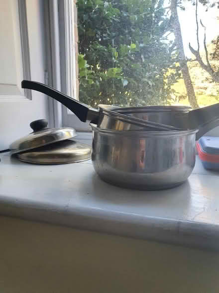 Photo of free 3 stainless steel saucepans, lids (Boughton ME13) #1
