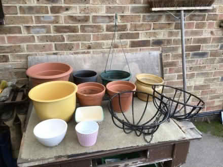 Photo of free Assorted earthen/crock gardenware + pair of hanging baskets (Draycott GL11) #1