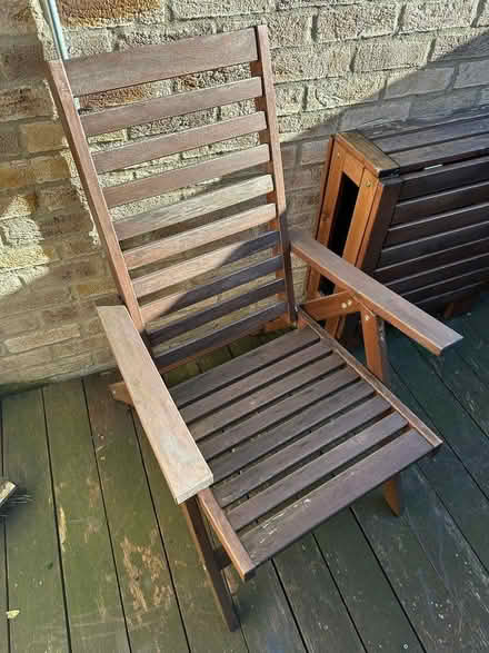 Photo of free Wooden garden furniture set - 2 x reclining chairs & table (Barnes SW13) #1