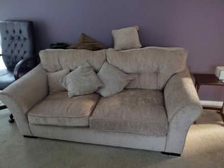 Photo of free 3 seater beige chenille sofa Sunbury on Thames. (Ludlow Road Open Public Space TW16) #1