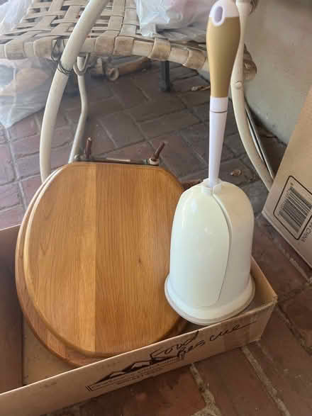 Photo of free Oak toilet seat, toilet brush (Montclair-off Hwy 13) #1