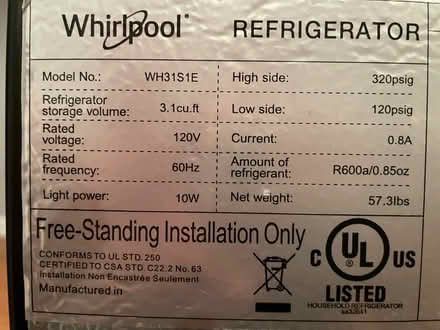 Photo of free Whirlpool Mini Refrigerator (Andover) #2