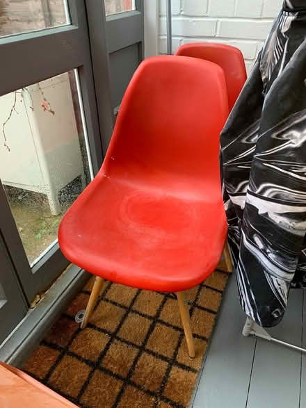 Photo of free X3 Red plastic and wood IKEA chairs (Upper Clapton E5) #3