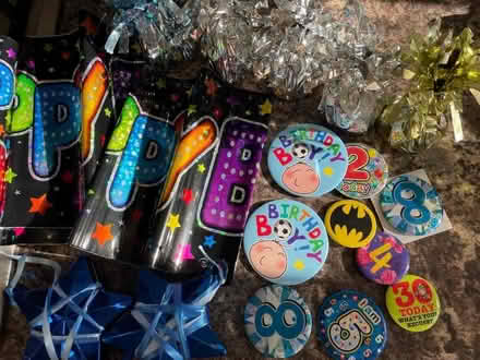 Photo of free Assorted birthday badges, banners and balloon weights (Whitehill SG4) #1