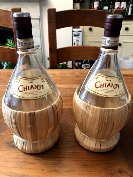 Photo of free 2 Empty Chianti Bottles with Raffia (West End Sidings Estate NW6) #1