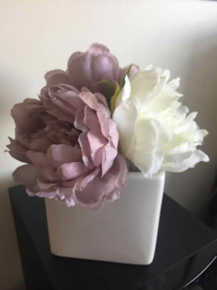 Photo of free Pretty 3 silk/artificial flowers - white square pot ornament (Whiston Lane Ends L35) #3