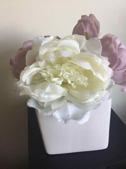 Photo of free Pretty 3 silk/artificial flowers - white square pot ornament (Whiston Lane Ends L35) #2