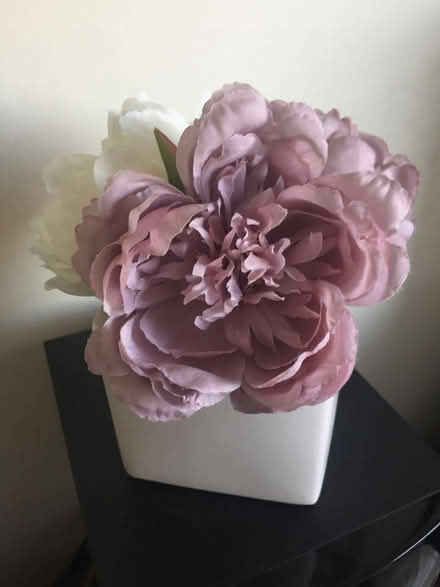 Photo of free Pretty 3 silk/artificial flowers - white square pot ornament (Whiston Lane Ends L35) #1