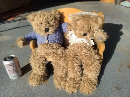 Photo of free 2 stuffed bears on wooden bench (West Bloomfield) #1