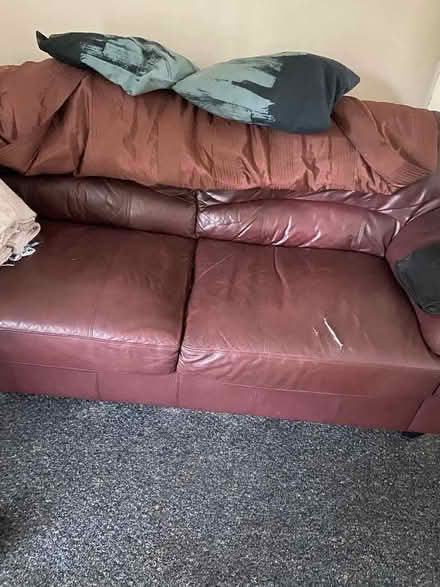 Photo of free leather sofa in brown and a foot puff (Heysham LA3) #2