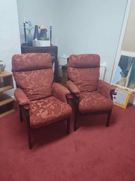 Photo of free Two red fabric wood chairs (Kendal LA9) #1