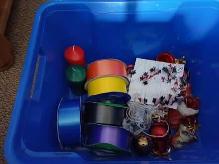 Photo of free Box of tree decorations ...ribbon rolls and lights (Gedling NG4) #1