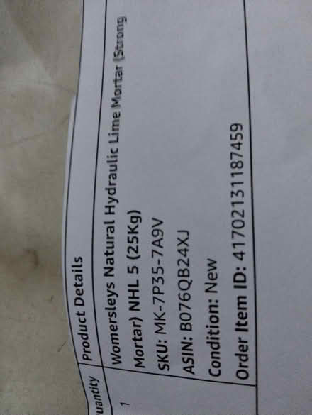 Photo of free Unopened bag 25kg natural lime mortar (Galmpton TQ5) #1