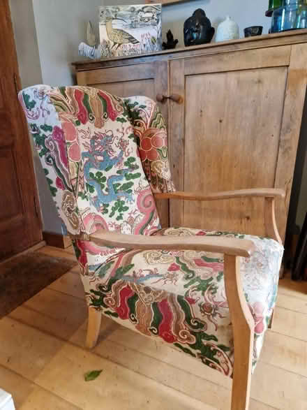 Photo of free Wing Chair Recovered in linen union chinese dragon fabric (Malvern Link WR14) #3