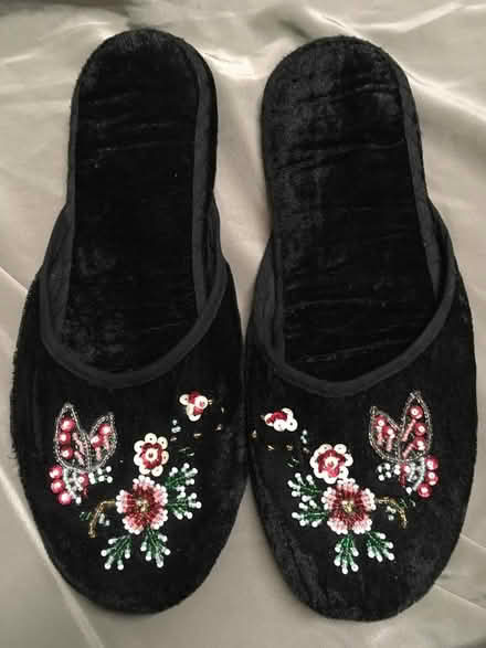 Photo of free Black velour bead embroidered slippers. (Slyfield GU1) #3