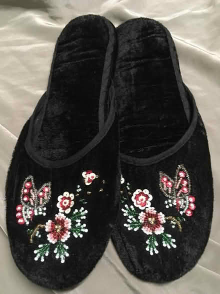 Photo of free Black velour bead embroidered slippers. (Slyfield GU1) #1