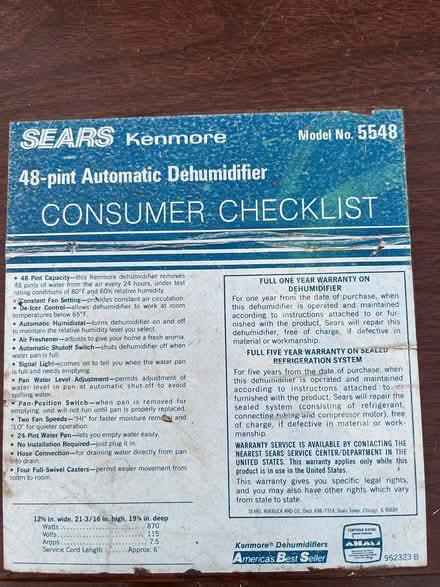Photo of free Sears Kenmore 48-pint Dehumidifer (Salem, NH) #1