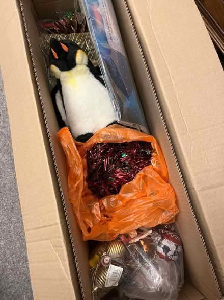 Photo of free Christmas stuff in wrapping-paper-size cardboard box (Lower Morden SM4) #1