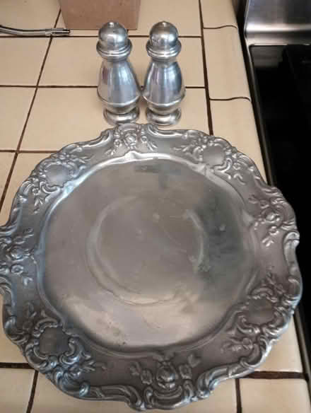 Photo of free Pewter tray & salt / pepper shaker (91605) #1