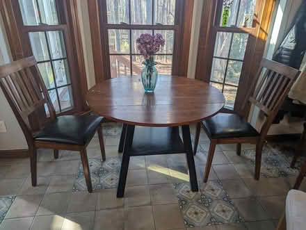 Photo of free 40" round dropleaf table & 2 chairs (Kildaire and 1010) #1