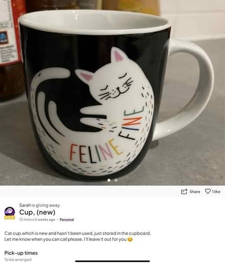 Photo of free ‘Feline fine’ cup (New) (Pontefract WF8 area) #1