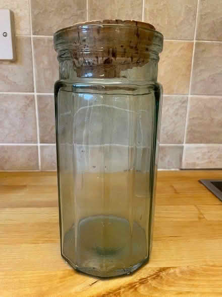 Photo of free Tall glass storage jar, cork lid (Haywards Heath, near Hospital) #1