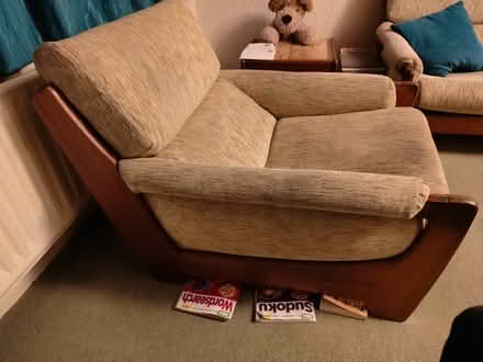 Photo of free Settee (wooden frame 3-piece suite) (Tavistock Avenue ST16) #1