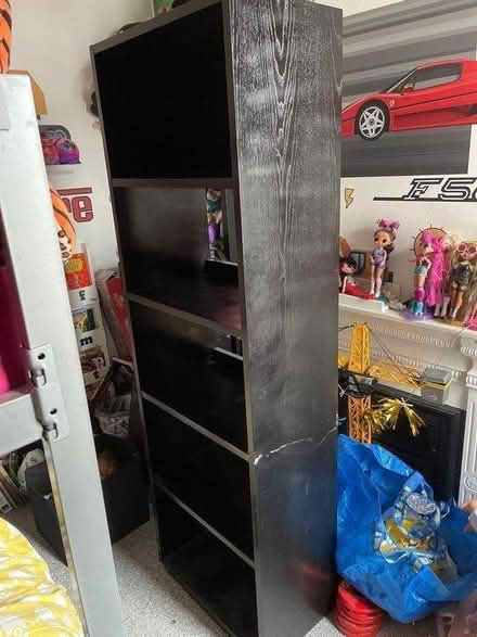 Photo of free Black wooden shelving unit (TN39) #1