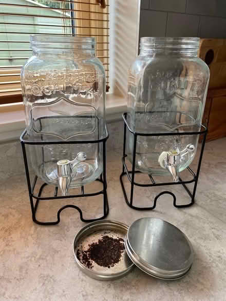 Photo of free 2 Large Glass Jars with tap & screw top lid & original frame (Leckhampton GL53) #1