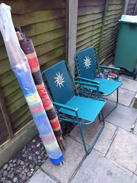 Photo of free 2 child size folding chairs + 2 windbreaks (Woolton L25) #1