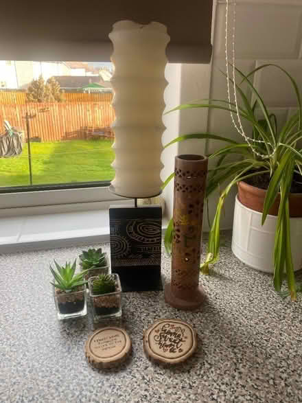 Photo of free Big candle on stand, incense holder. 3 small Fake plants (Bannockburn FK7) #1