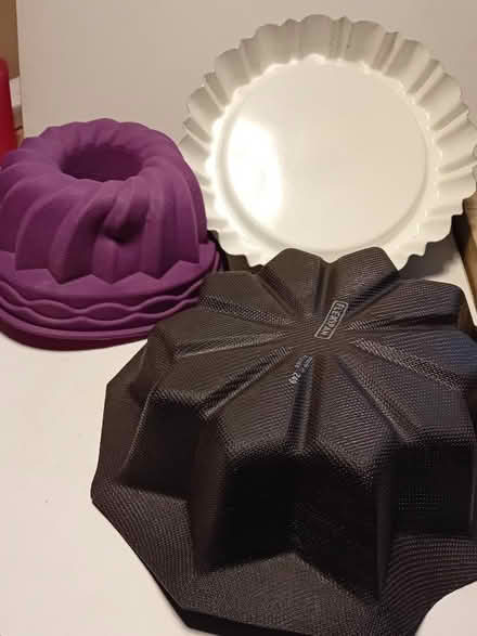 Photo of free 2 silicon desert/cake moulds and 1 metal flan case (Leintwardine SY7) #1