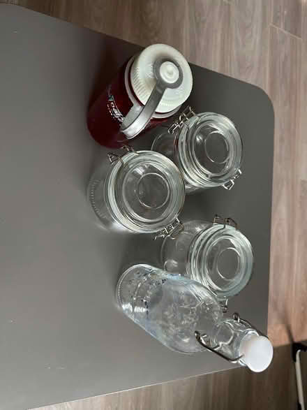 Photo of free 4 glass storage + 1 plastic red water bottle (Ravenscourt Park W6) #1